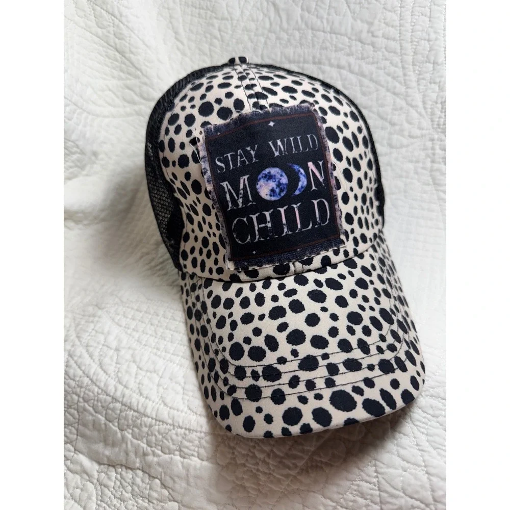 Stay Wild Moon Child Dalmatian Print Ponytail Trucker Hat Black White Mesh Cap